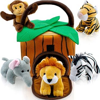 6 pc Plush Talking Jungle Animals Set with Carrier - Elephant, Tiger, Lion, Zebra, Monkey
