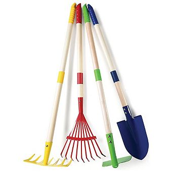 Kids Garden Tool Set Toy 4 pc - Shovel, Rake, Hoe, Leaf Rake, Wooden Gardening Tools for Kids