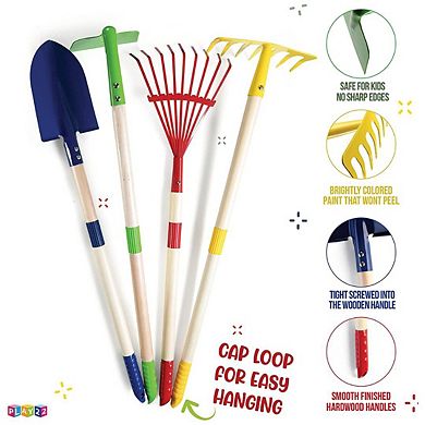 Kids Garden Tool Set Toy 4-Piece - Shovel, Rake, Hoe, Leaf Rake, Wooden Gardening Tools for Kids