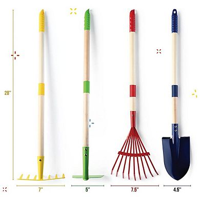 Kids Garden Tool Set Toy 4-Piece - Shovel, Rake, Hoe, Leaf Rake, Wooden Gardening Tools for Kids