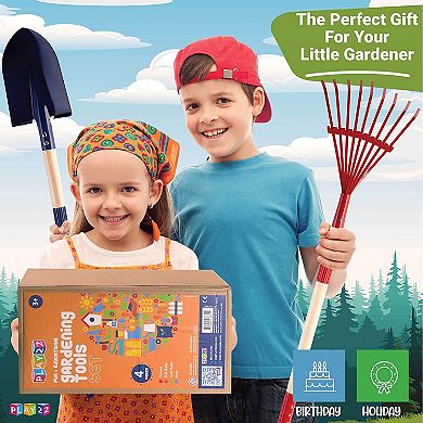 Kids Garden Tool Set Toy 4-Piece - Shovel, Rake, Hoe, Leaf Rake, Wooden Gardening Tools for Kids