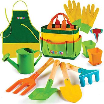 Kids Gardening Tool Set 12 pc with Shovel, Rake, Fork, Trowel, Apron, Gloves Watering Can & Tote Bag