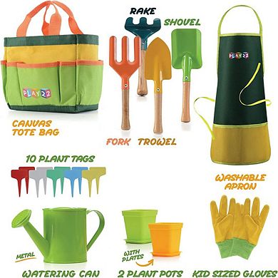Kids Gardening Tool Set 12PCS with Shovel, Rake, Fork, Trowel, Apron, Gloves Watering Can & Tote Bag