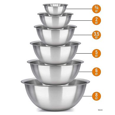 Mixing Bowl Set of 6 - Stainless Steel Kitchen Bowls -  Includes ¾, 2, 3.5, 5, 6, 8 Quart