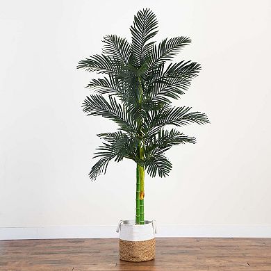 nearly natural 8-ft. Golden Cane Artificial Palm Tree in Cotton Planter Floor Decor