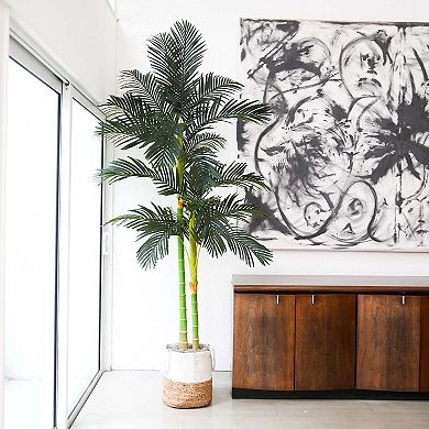 nearly natural 8-ft. Golden Cane Artificial Palm Tree in Cotton Planter Floor Decor