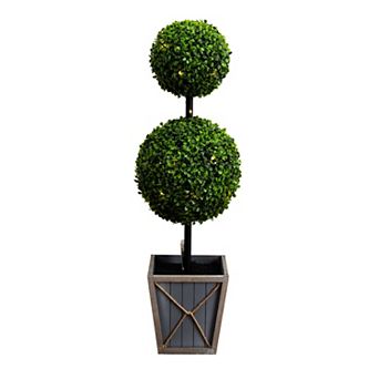 nearly natural 3-ft. Indoor / Outdoor UV Resistant Artificial Double Ball Boxwood Topiary with LED Lights in Decorative Planter Floor Decor