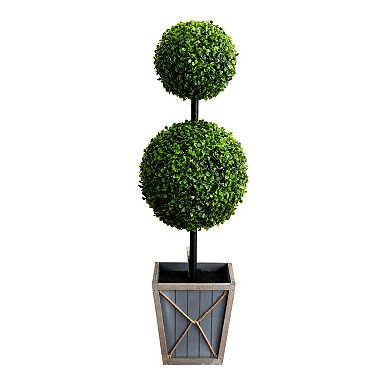 nearly natural 3-ft. Indoor / Outdoor UV Resistant Artificial Double Ball Boxwood Topiary with LED Lights in Decorative Planter Floor Decor