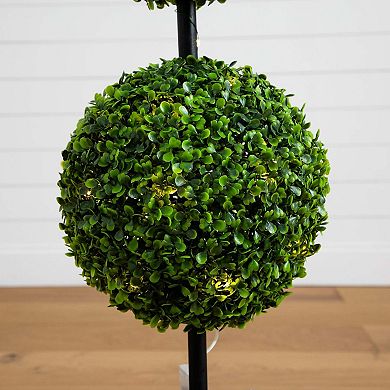 nearly natural 3-ft. Indoor / Outdoor UV Resistant Artificial Double Ball Boxwood Topiary with LED Lights in Decorative Planter Floor Decor