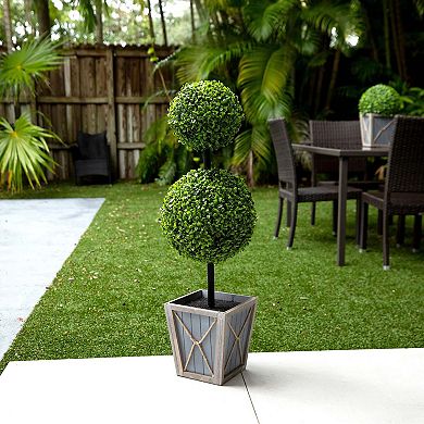 nearly natural 3-ft. Indoor / Outdoor UV Resistant Artificial Double Ball Boxwood Topiary with LED Lights in Decorative Planter Floor Decor