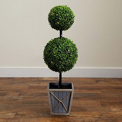 nearly natural 3-ft. Indoor / Outdoor UV Resistant Artificial Double Ball Boxwood Topiary with LED Lights in Decorative Planter Floor Decor