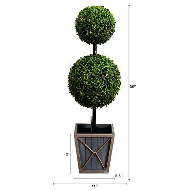 nearly natural 3-ft. Indoor / Outdoor UV Resistant Artificial Double Ball Boxwood Topiary with LED Lights in Decorative Planter Floor Decor