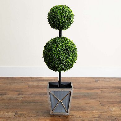 nearly natural 3-ft. Indoor / Outdoor UV Resistant Artificial Double Ball Boxwood Topiary with LED Lights in Decorative Planter Floor Decor