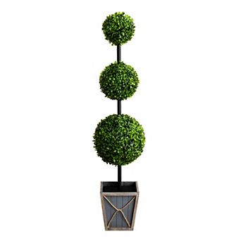 nearly natural 45 in Indoor / Outdoor Artificial Triple Ball Boxwood LED Topiary Floor Decor