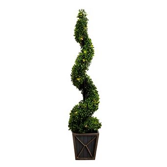 nearly natural 45 in Indoor / Outdoor Artificial Boxwood Spiral LED Topiary Tree Floor Decor