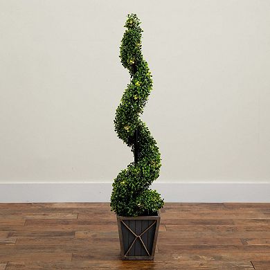 nearly natural 45-in. Indoor / Outdoor Artificial Boxwood Spiral LED Topiary Tree Floor Decor