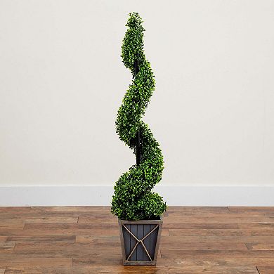 nearly natural 45-in. Indoor / Outdoor Artificial Boxwood Spiral LED Topiary Tree Floor Decor