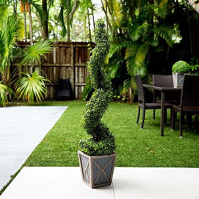 nearly natural 45-in. Indoor / Outdoor Artificial Boxwood Spiral LED Topiary Tree Floor Decor