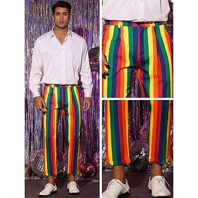 Rainbow Striped Dress Pants For Men s Regular Fit Flat Front Cropped Trousers