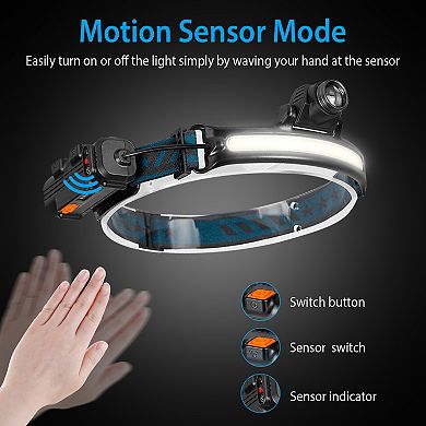 Black, Motion Sensor Headlamp With Rechargeable, 6 Light Modes, Cob Xpg Head Light Torch Flashlight