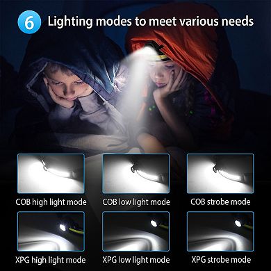 Black, Motion Sensor Headlamp With Rechargeable, 6 Light Modes, Cob Xpg Head Light Torch Flashlight