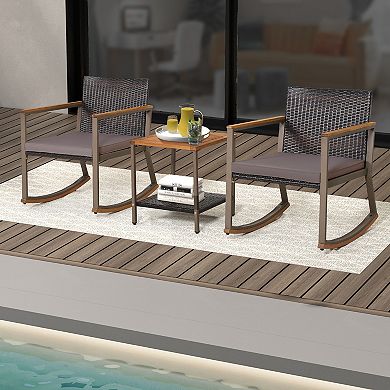 3 Pieces Rattan Rocking Bistro Set With Coffee Table And Cushions