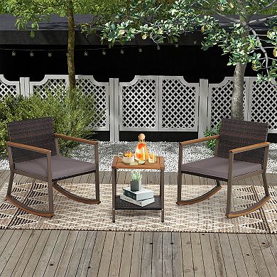 3 Pieces Rattan Rocking Bistro Set With Coffee Table And Cushions