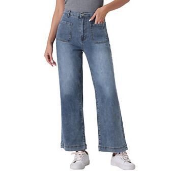 Wide Leg Jeans for Women High Waisted Stretchy Straight Leg Jeans Buttoned Loose Denim Pants