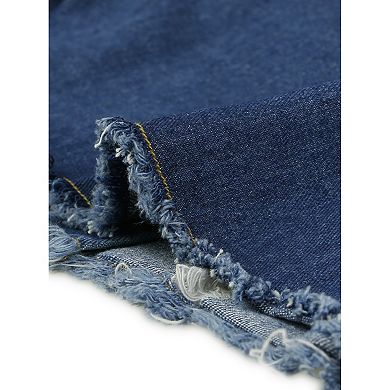 Casual Crop Jackets For Women's Collared Short Sleeve Frayed Jean Denim Jacket