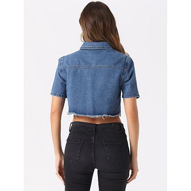 Casual Crop Jackets For Women's Collared Short Sleeve Frayed Jean Denim Jacket