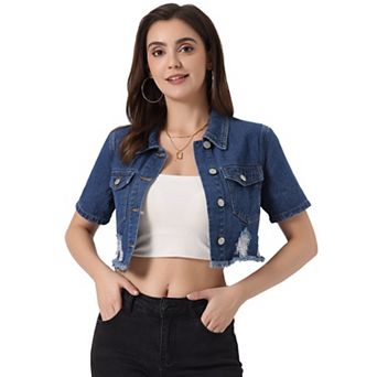 Casual Crop Jackets For Women's Collared Short Sleeve Frayed Jean Denim Jacket