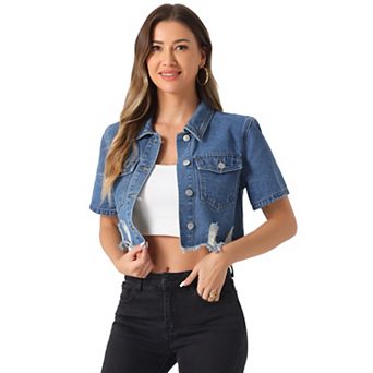 Casual Crop Jackets for Women's Collared Short Sleeve Frayed Jean Denim Jacket