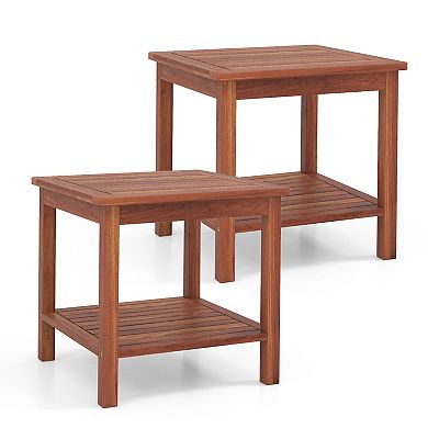 Double-tier Acacia Wood Patio Side Table With Slatted Tabletop And Shelf