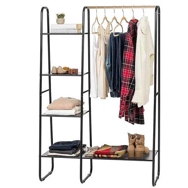 Black, Metal Garment Hanging Rack With Shelves And Hanging Rod