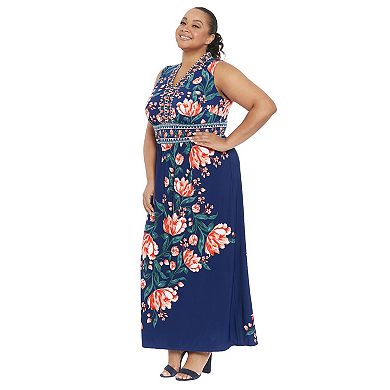 Plus Size London Times V-Neck Sleeveless Maxi Dress