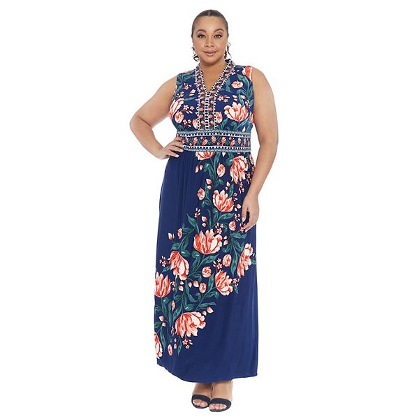 Coral Embroidered V Neck Maxi Dress (Plus)
