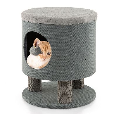3-in-1 Cat Condo Stool Kitty Bed With Scratching Posts And Plush Ball Toy