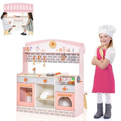 Double-sided Kids Play Kitchen Set With Canopy And 2 Seats