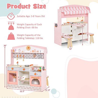 Double-sided Kids Play Kitchen Set With Canopy And 2 Seats