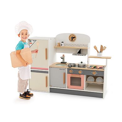 Kids Play Kitchen Set With Realistic Range Hood And Refrigerator
