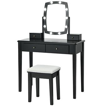 Lighted Vanity Table Set with Stool 10 LED Bulb Mirror Makeup Desk with Storage Drawers for Bedroom