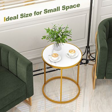Marble Top Round Side Table 16-inch End Table With Golden Metal Frame-2 Pieces