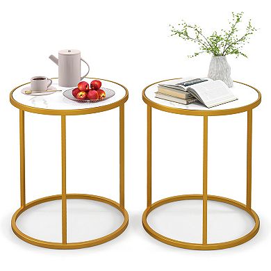 Marble Top Round Side Table 16-inch End Table With Golden Metal Frame-2 Pieces