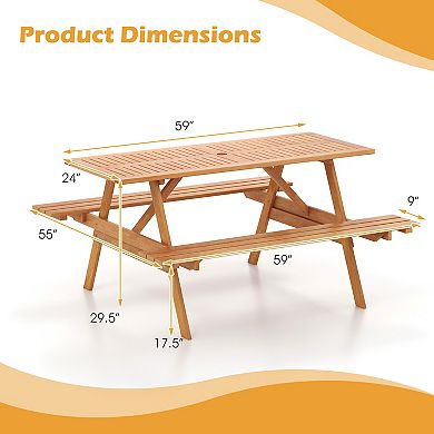 6 Person Picnic Table Set Patio Rectangle With 2 Built-in Benches And Umbrella Hole