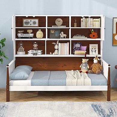 Twin Bed With Bookcase With Shelves And  Wooden Slat Support No Box Spring Needed