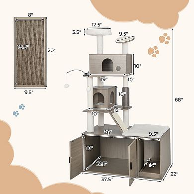 Cat Tree With Litter Box Enclosure For Indoor Cars-gray