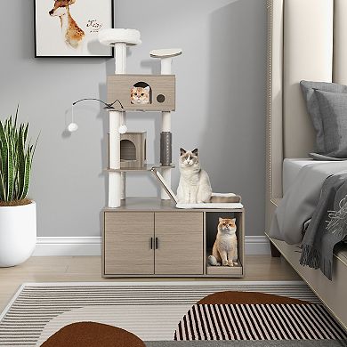 Cat Tree With Litter Box Enclosure For Indoor Cars-gray