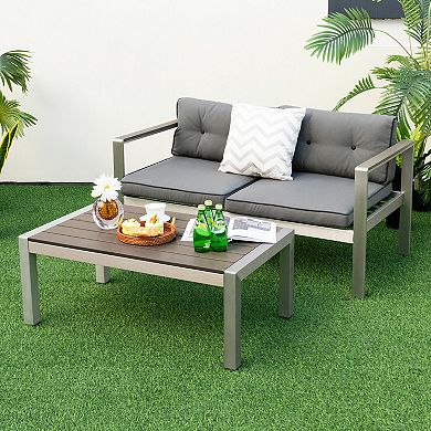 Modern Rectangular Patio Coffee Table With Plastic Wood Tabletop And Rustproof Aluminum Frame-Grey