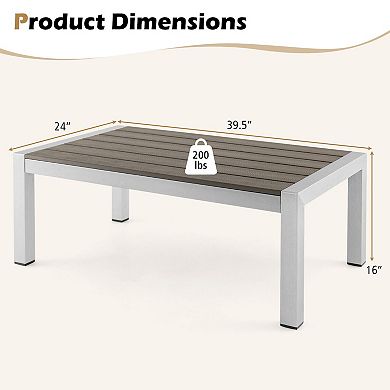 Modern Rectangular Patio Coffee Table With Plastic Wood Tabletop And Rustproof Aluminum Frame-Grey