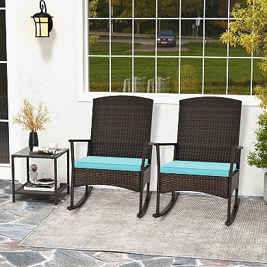 3 Piece Patio Rocking Set Wicker Rocking Chairs With 2-tier Coffee Table